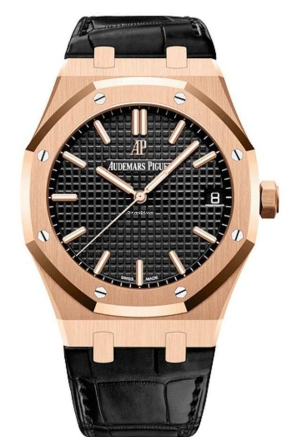 AS Piguet Royal Oak Selfwinding/ Rose Gold/ Black Dial/ Black Leather Strap (Ref#15500OR.OO.D002CR.01)