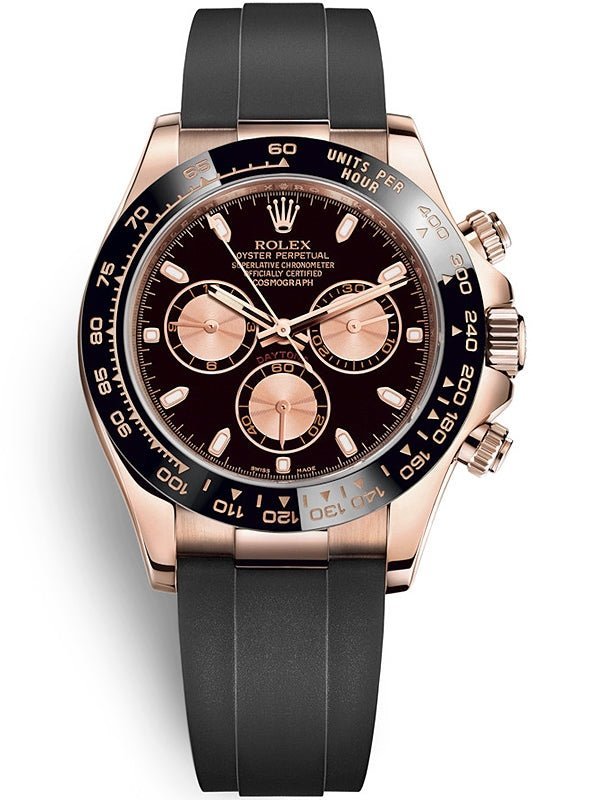 R Rose Gold Daytona 40 Watch – Black Index Dial – Black Oysterflex Strap Reference Reference #116515ln