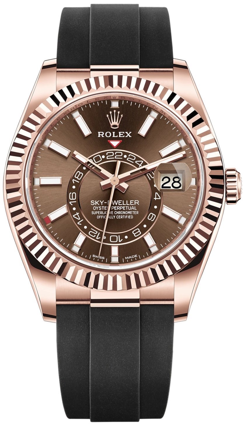 R Sky-Dweller 42mm Rose Gold Chocolate Index Dial Oysterflex Bracelet (Ref # 326235)