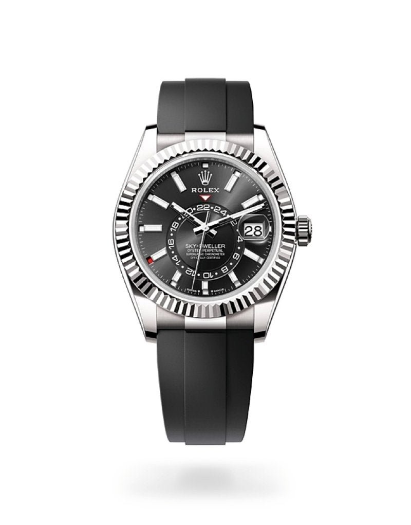 R Sky-Dweller White Gold Fluted Bezel Black Index Dial Oysterflex Strap 336239