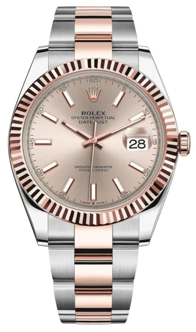 R Steel and Everose Rolesor Datejust 41 Watch – Fluted Bezel – Sundust Index Dial – Oyster Bracelet