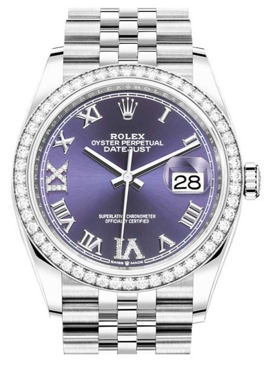 R Steel Datejust 36 Watch – Diamond Bezel – Aubergine Purple Diamond Roman VI and IX Dial – Jubilee Bracelet (Reference #126284rbr)