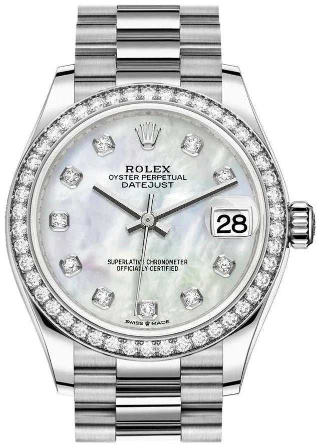 R White Gold Datejust 31 Watch – Diamond Bezel – Mother-Of-Pearl Diamond Dial – President Bracelet (Reference #278289rbr)