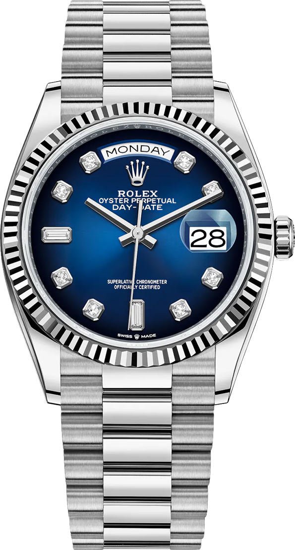 R White Gold Day-Date 36 Watch – Fluted Bezel – Blue Ombre´ Diamond Dial – President Bracelet (Ref # 128239)