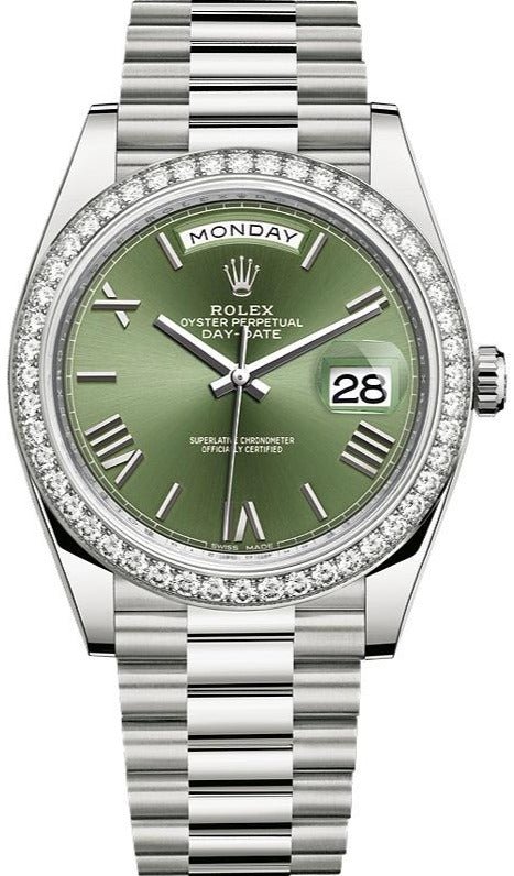 R White Gold Day-Date 40 Watch – Bezel – Olive Green Bevelled Roman Dial – President Bracelet (Ref# 228349RBR)