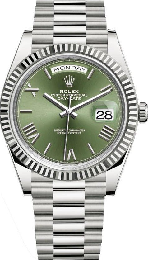 R White Gold Day-Date 40 Watch – Fluted Bezel – Olive Green Bevelled Roman Dial – President Bracelet (Ref# 228239)