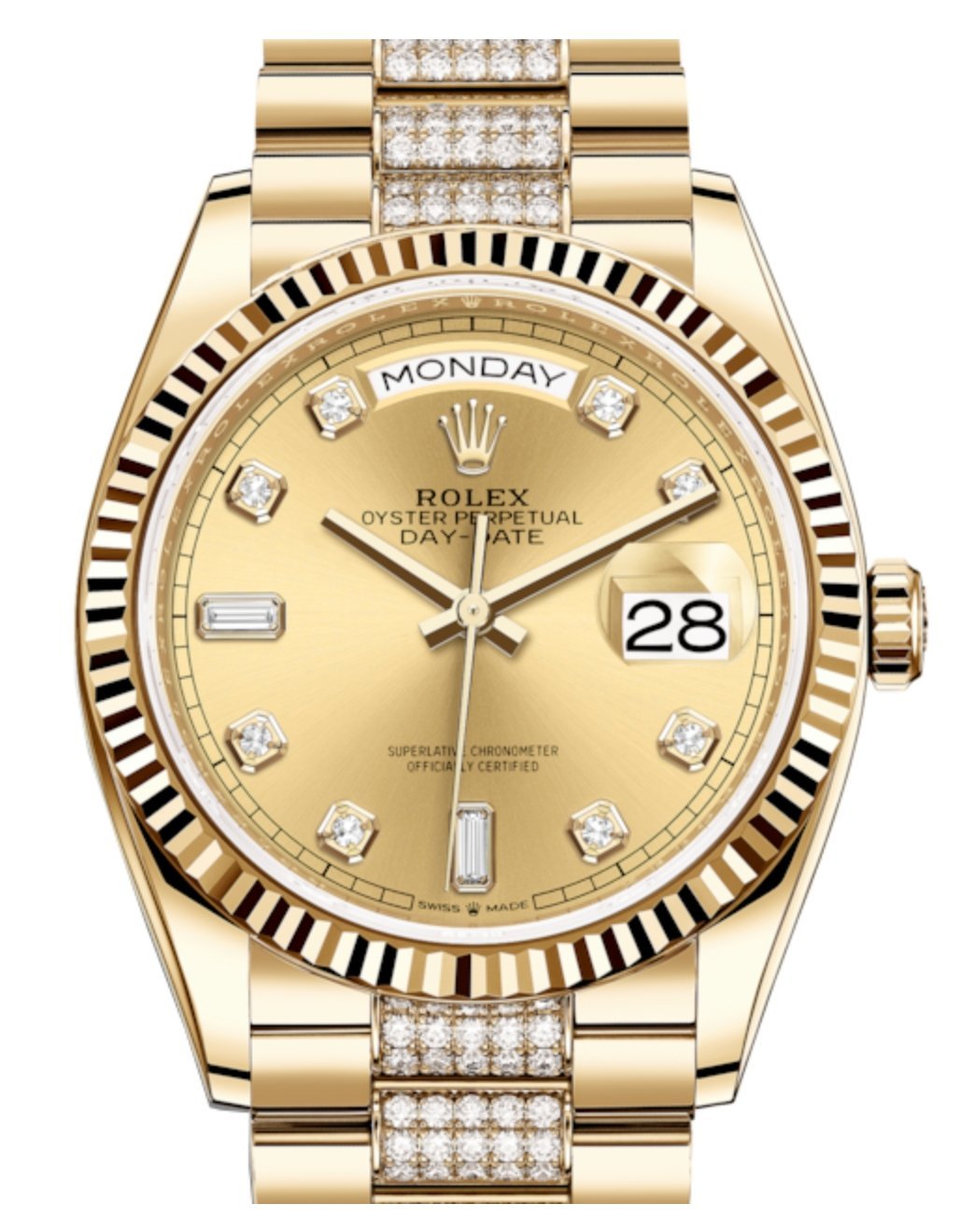 R Yellow Gold Day-Date 36 Watch – Fluted Bezel – Champagne Diamond Dial – Diamond President Bracelet