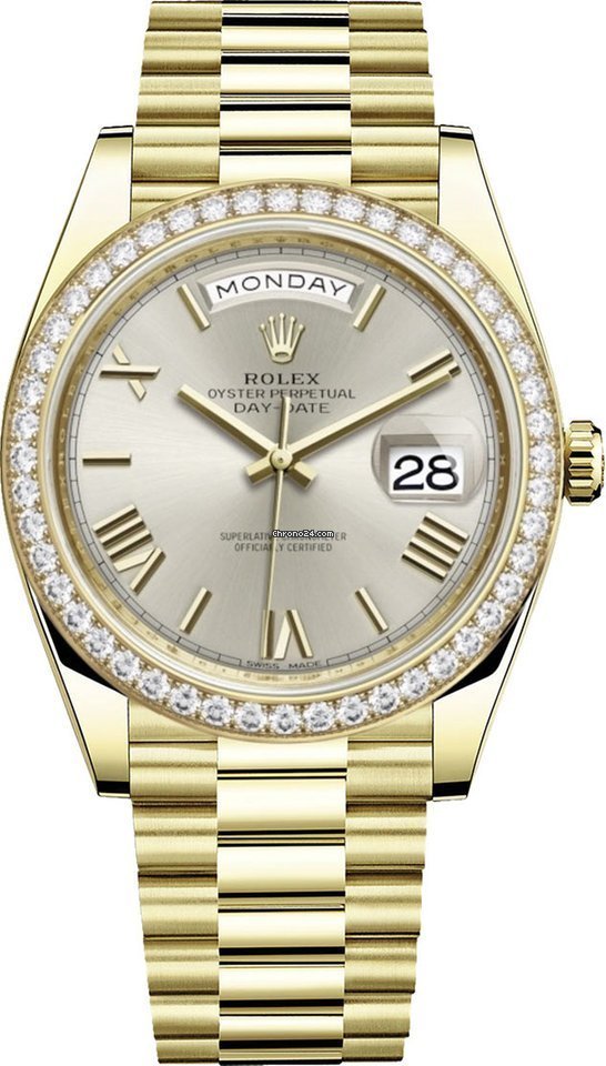 R Yellow Gold Day-Date 40 Watch – Bezel – Silver Bevelled Roman Dial – President Bracelet (Ref # 228348RBR)