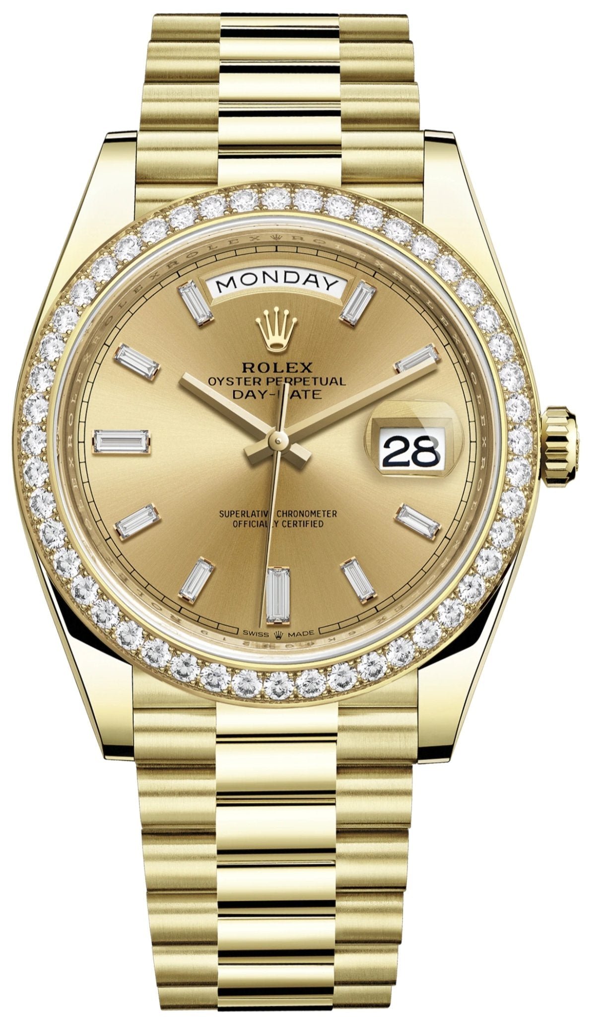 R Yellow Gold Day-Date 40 Watch – Yellow Gold Bezel – Champagne Baguette Diamond Dial – President Bracelet ( Ref# 228348RBR)