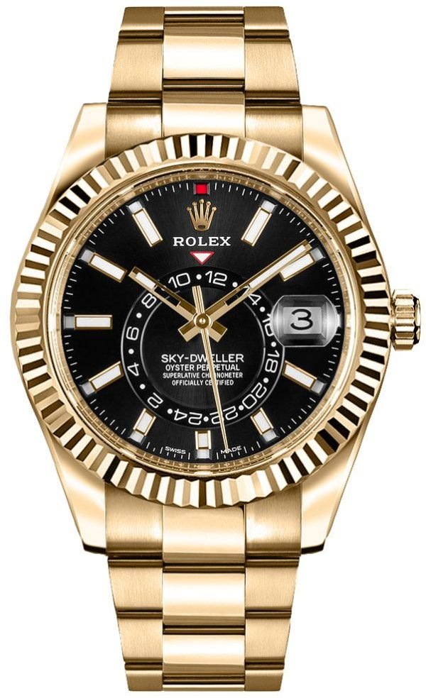 R Yellow Gold Sky-Dweller Watch - Black Index Dial - Oyster Bracelet (Ref# 326938)