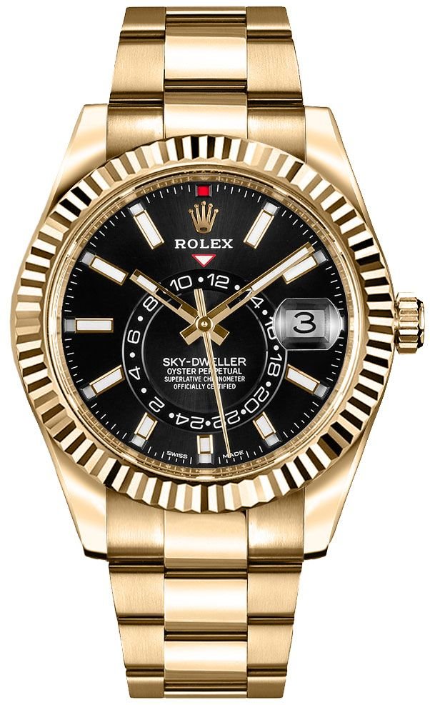 R Yellow Gold Sky-Dweller Watch – Black Index Dial – Oyster Bracelet (Ref# 326938)