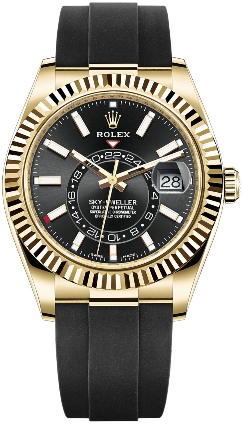 R Yellow Gold Sky-Dweller Watch – Black Index Dial – Oysterflex Bracelet (Ref# 326238)