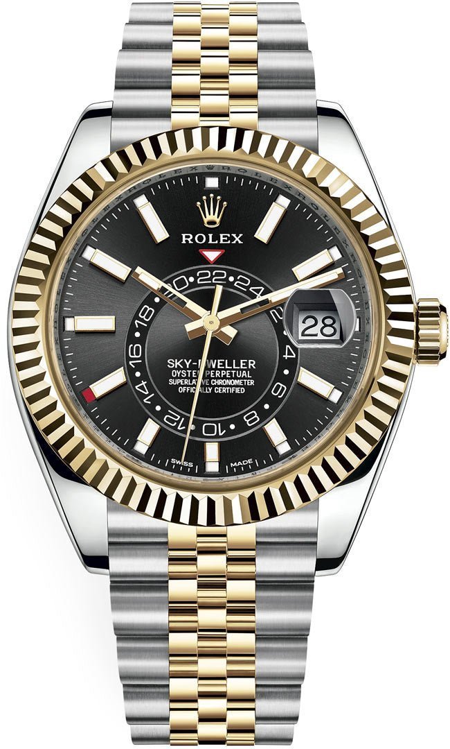 R Yellow Rolesor Sky-Dweller Watch – Black Index Dial – Jubilee Bracelet (Ref # 336933)